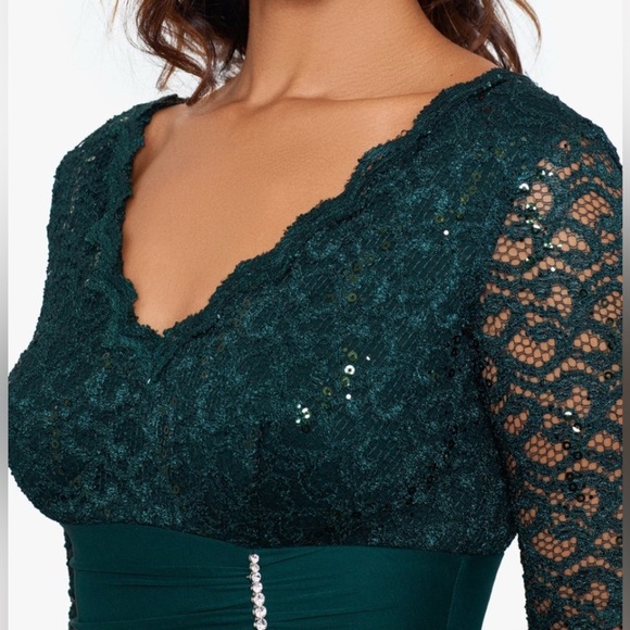BETSY & ADAM WOMEN’S FORMAL DRESS PINE GREEN ON 3/4 SLEEVE SHEER AUTHENTIC NWT - Picture 4 of 10